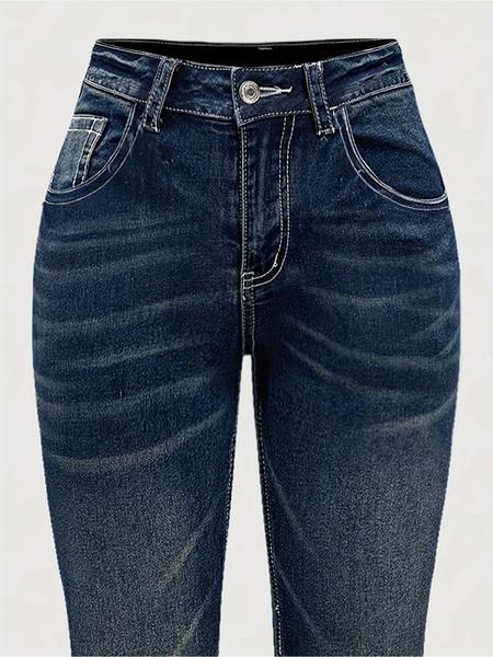 Women's Elegant Fitted Denim Jeans, Hand Embroidered Back Pockets, Rhinestone Detailing, Comfortable Stretchy Washed Look