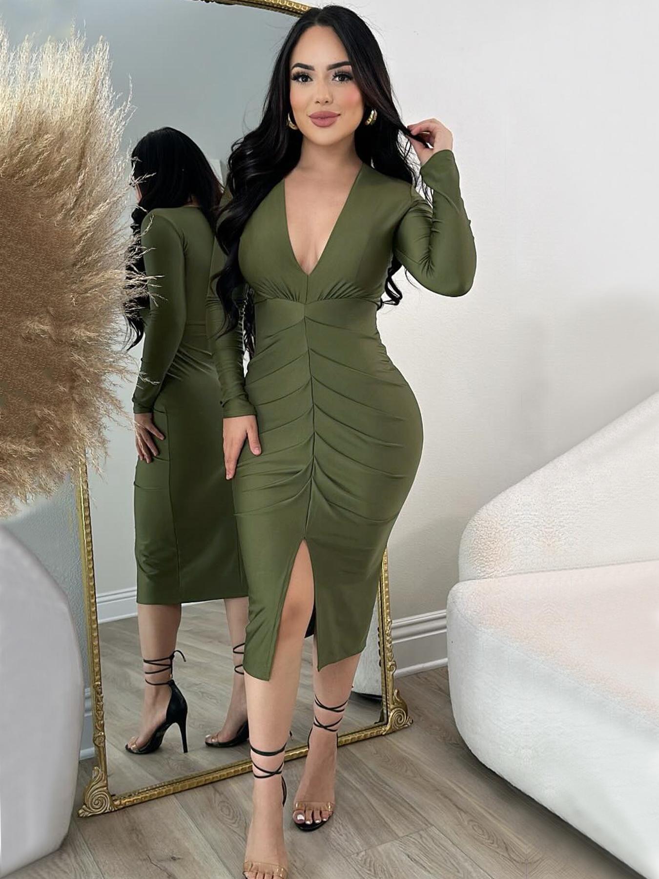 Women's Army Green Plain Deep V Neck Fitted Dress, Elegant Chic Fashion  Casual Long Sleeve Vneck Dress for Daily Outdoor Wear, Women Dress for All  Seasons, Womenswear - TikTok Shop