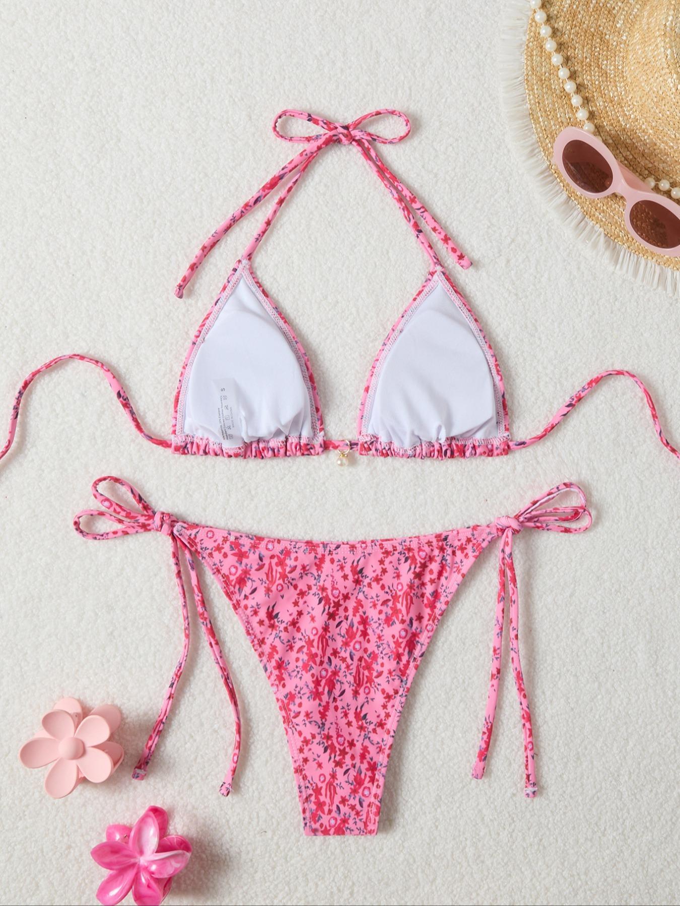 Two-Piece Set Women's All Over Print Bikini Set, Casual Fashion Chic Triangle Swim Bra & Swim Panty Swimsuit Set, Ladies Swimwear for Beach Holiday Vacation, Floral Print Bikinis, Flower Print Bikini