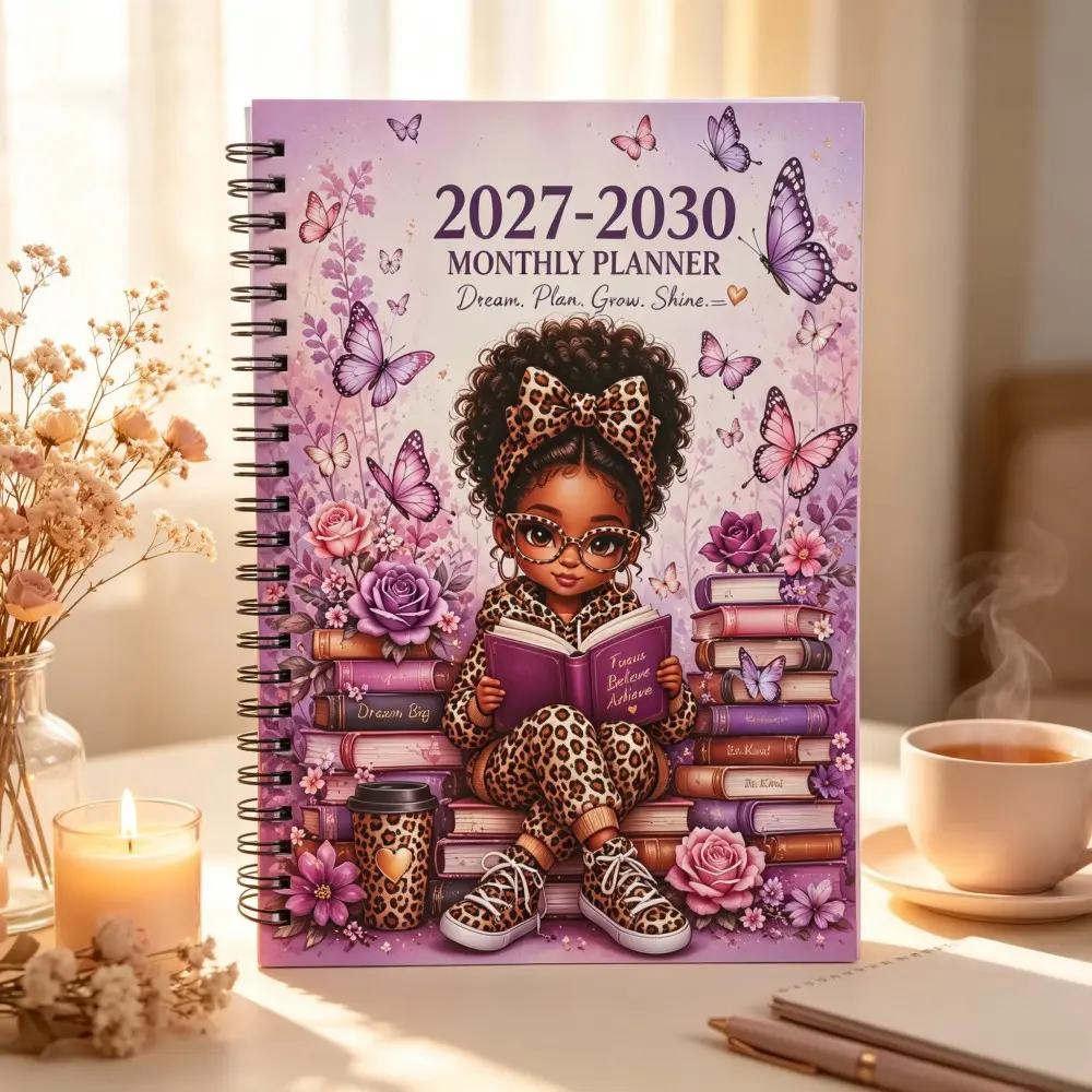 2027-2030 Monthly Planner, Four-Year Calendar, Floral Butterfly Girl Coil Notebook, Study Work Monthly Planning Journal