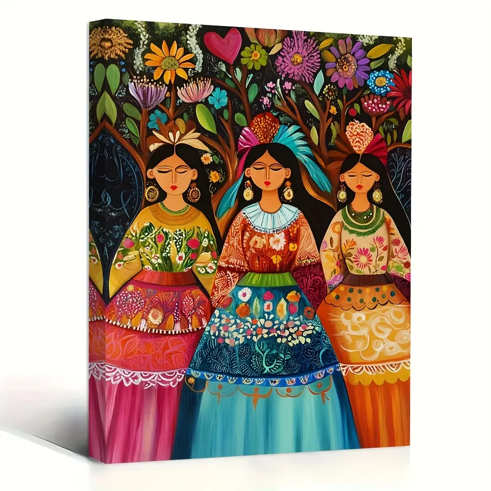 2D flat painting, 1 piece wooden framed canvas wall art, depicting women in traditional Mexican folk attire, size is 11.8inch x 15.7inch.This canvas decoration is suitable for bedrooms, kitchens, offices, and bars