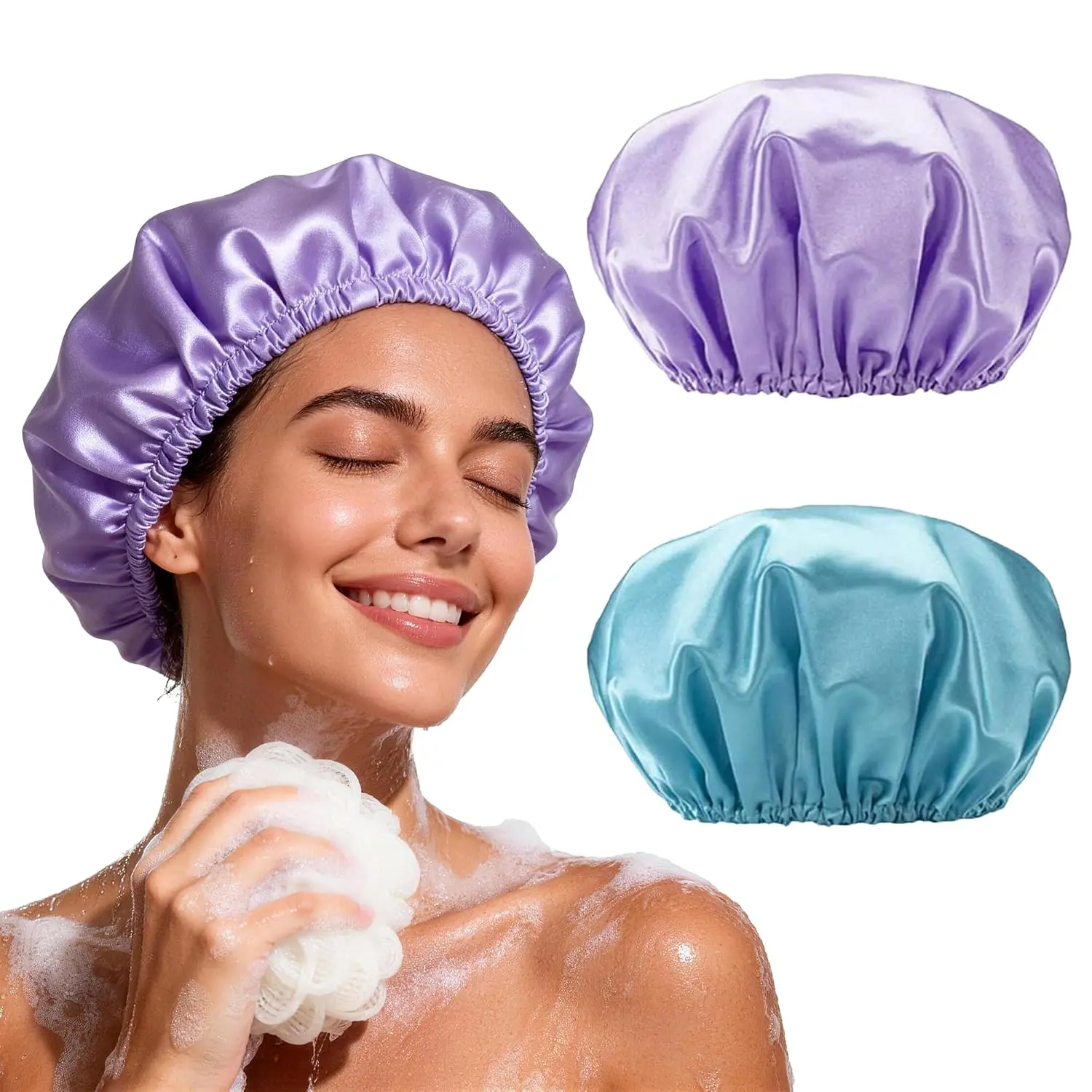 2 count Shower Cap for Women, , ,  | Double Layer Bath Cap, EVA Elastic Shower Caps, Fits Long Hair & Braids