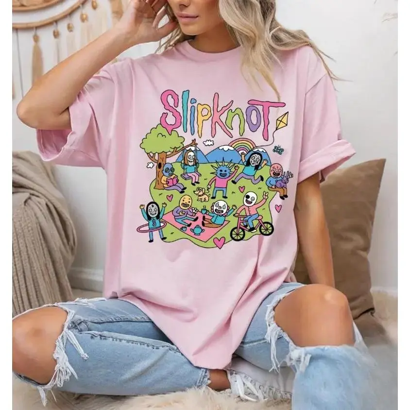 Women's Funny Slipknot Kawaii Graphic Print T-Shirt - Crew Neck, All Seasons, Fitted Cut, Meme Metal Band Tee, Machine Washable Gift for Music Lovers, Medium Length, Tshirt, Casual, Lady, Streetwear, Top, Slipknot Shirt