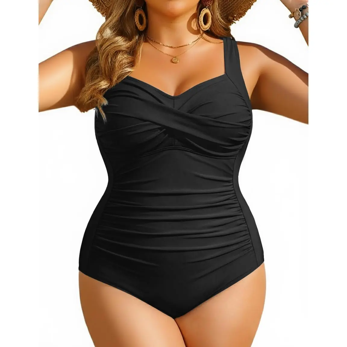 Yonique Women's Plus Size One Piece Swimsuits, Sweetheart Neck Twist Front Tummy Control Bathing Suit Set for Summer, Curvy Women One Piece Swimwear
