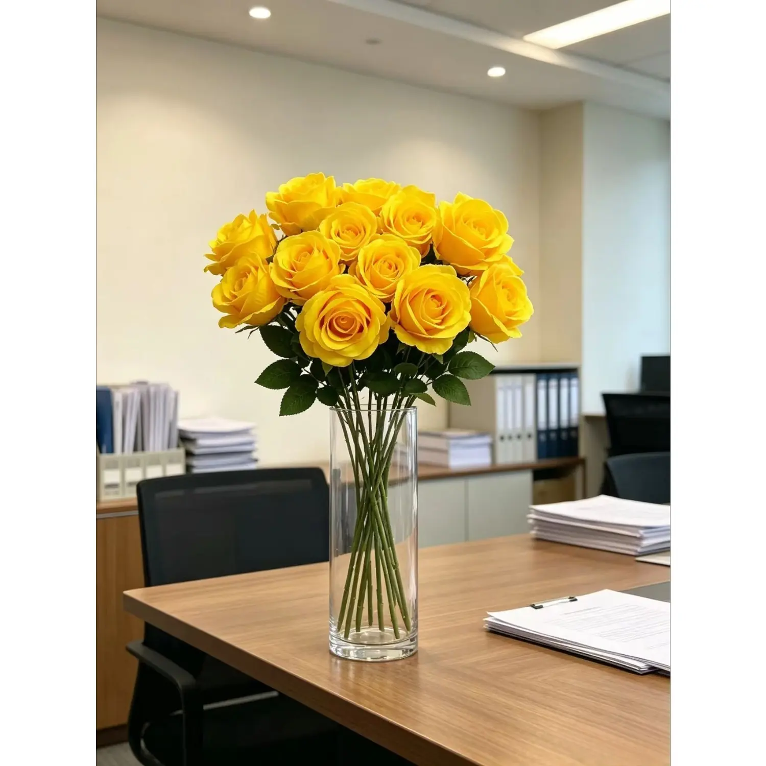 12 pieces of simulated yellow rose with artificial stems and leaves. High-quality textured filling material for home decoration vases. Wedding decoration bouquets.