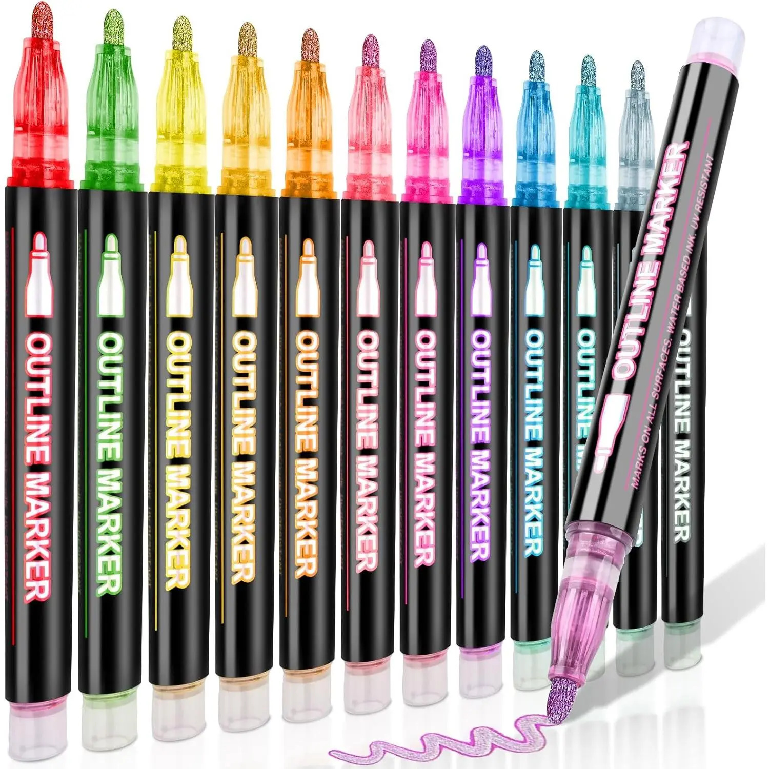 12 Colors Outline Shimmer Markers, Double Line Glitter Markers Pens for Christmas Greeting Cards, Outline Glitter Pens Art Supplies for Coloring, Metallic Marker Pen for Scrapbook Art Crafts