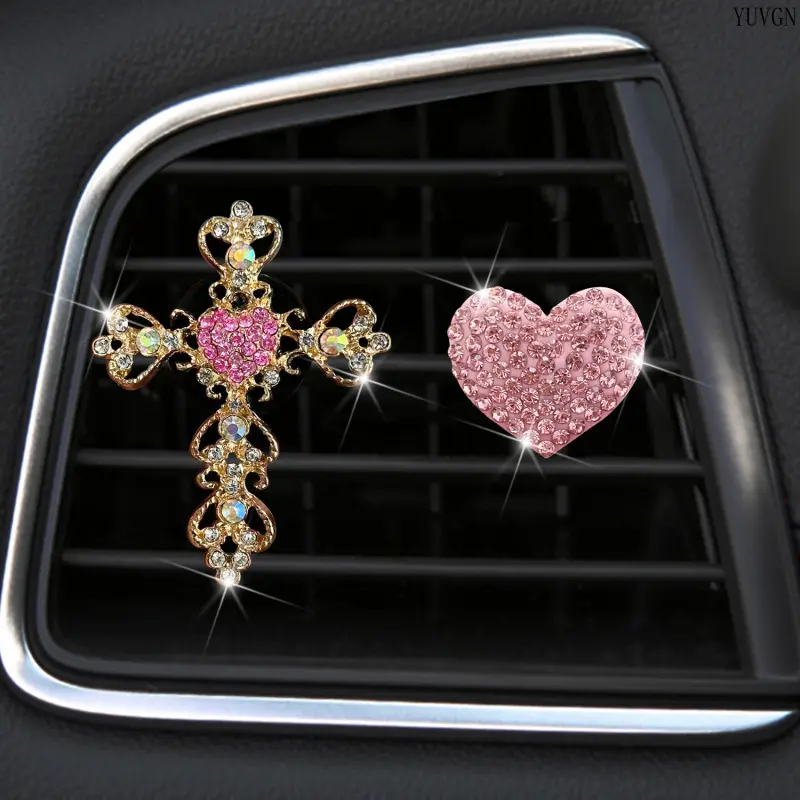 Rhinestone Cross & Pink Heart Car Air Vent Clip Set, Bling Metal Auto Outlet Ornament, Y2K‑style Vehicle Interior Decor Accessories