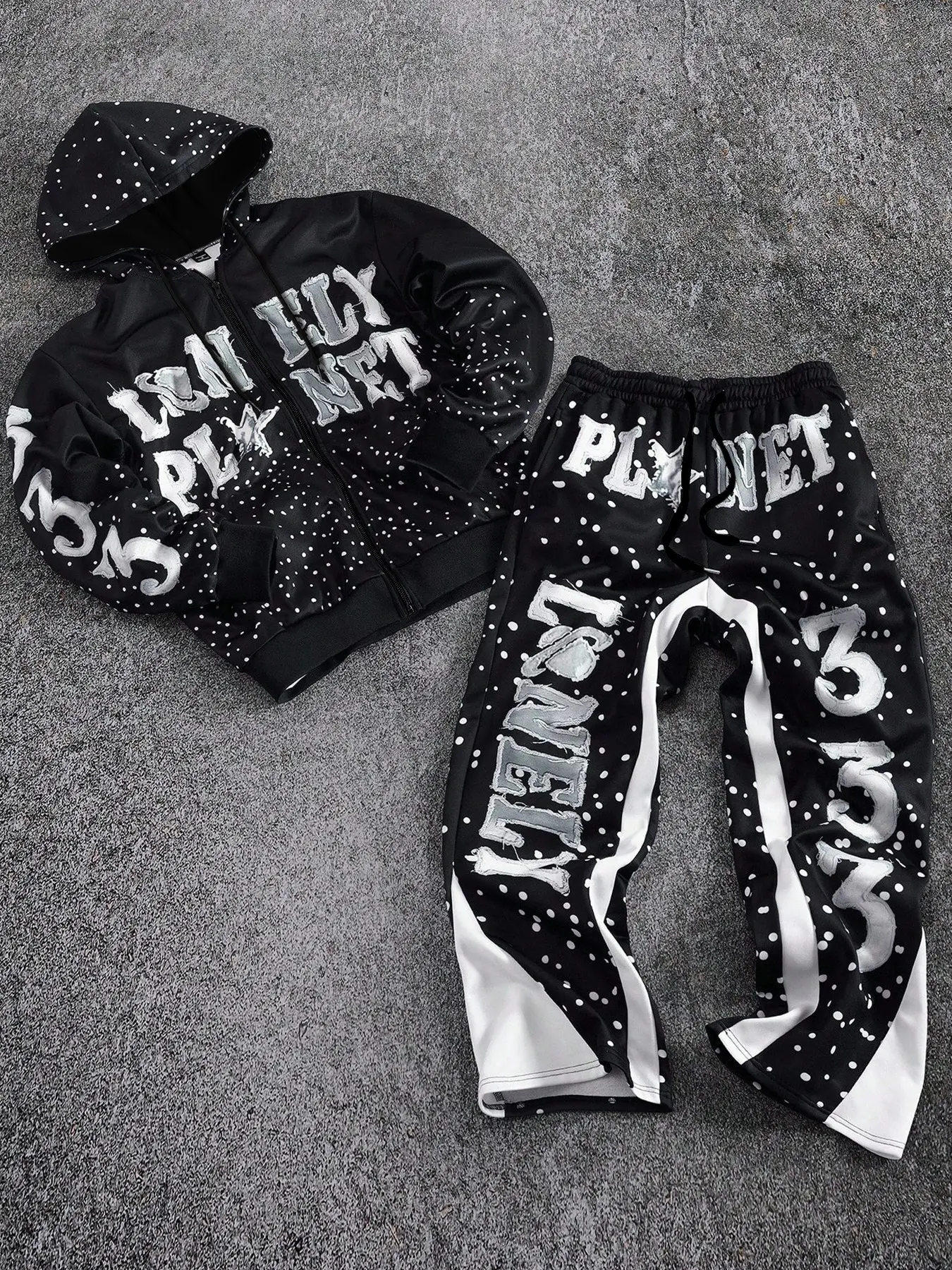 Hip Hop Fashion Men's Two-Piece Set, Full Print Dot Hooded Open Front Jacket + Loose Wide Leg Casual Pants, Daily Wear