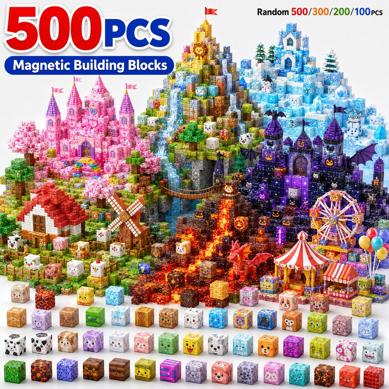 100/200/300/500PCS Magnetic Blocks for Kids, Magnetic Building Cubes Stacking Set, Strong Magnet STEM Montessori Sensory Toys, Open-Ended 3D Construction Learning Toy, Creative Birthday Holiday Gift for Boys & Girls Ages 3+