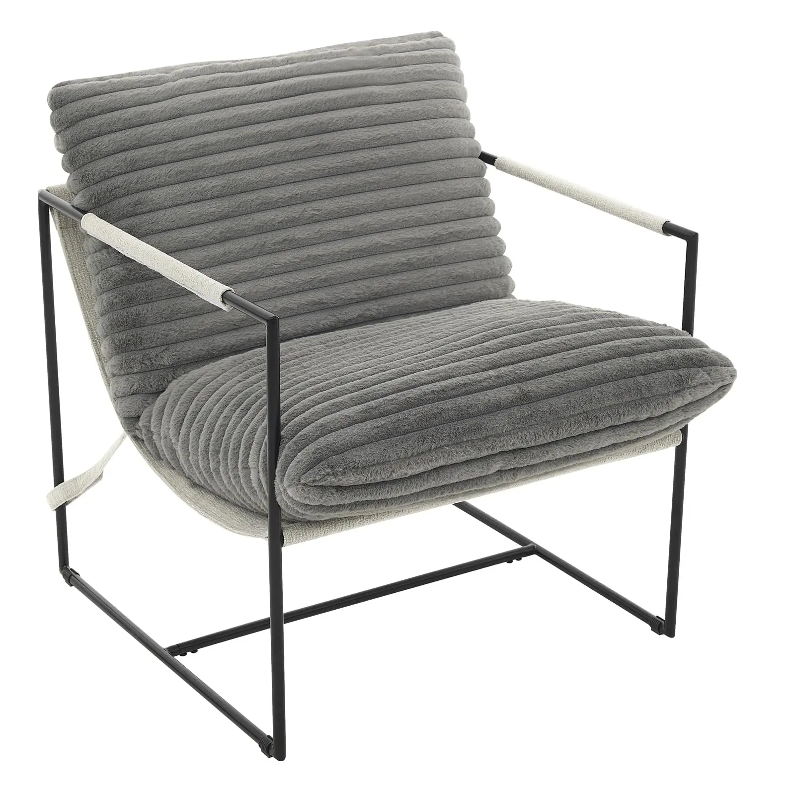 Oversized Modern Sling Accent Chair – Ergonomic Metal Frame, Removable Cushioned Armchair, Upholstered Lounge Seating for Living Room or Bedroom, Dark Grey/Beige/Light Grey(Linen)