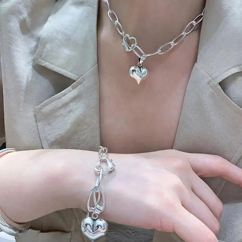 Women's 925 Sterling Silver Adjustable Punk Geometric Heart-Lock Jewelry Set - Lock Pendant Necklace, Bracelet, Fashion Accessory Gift for Wholesale Dropship, Female