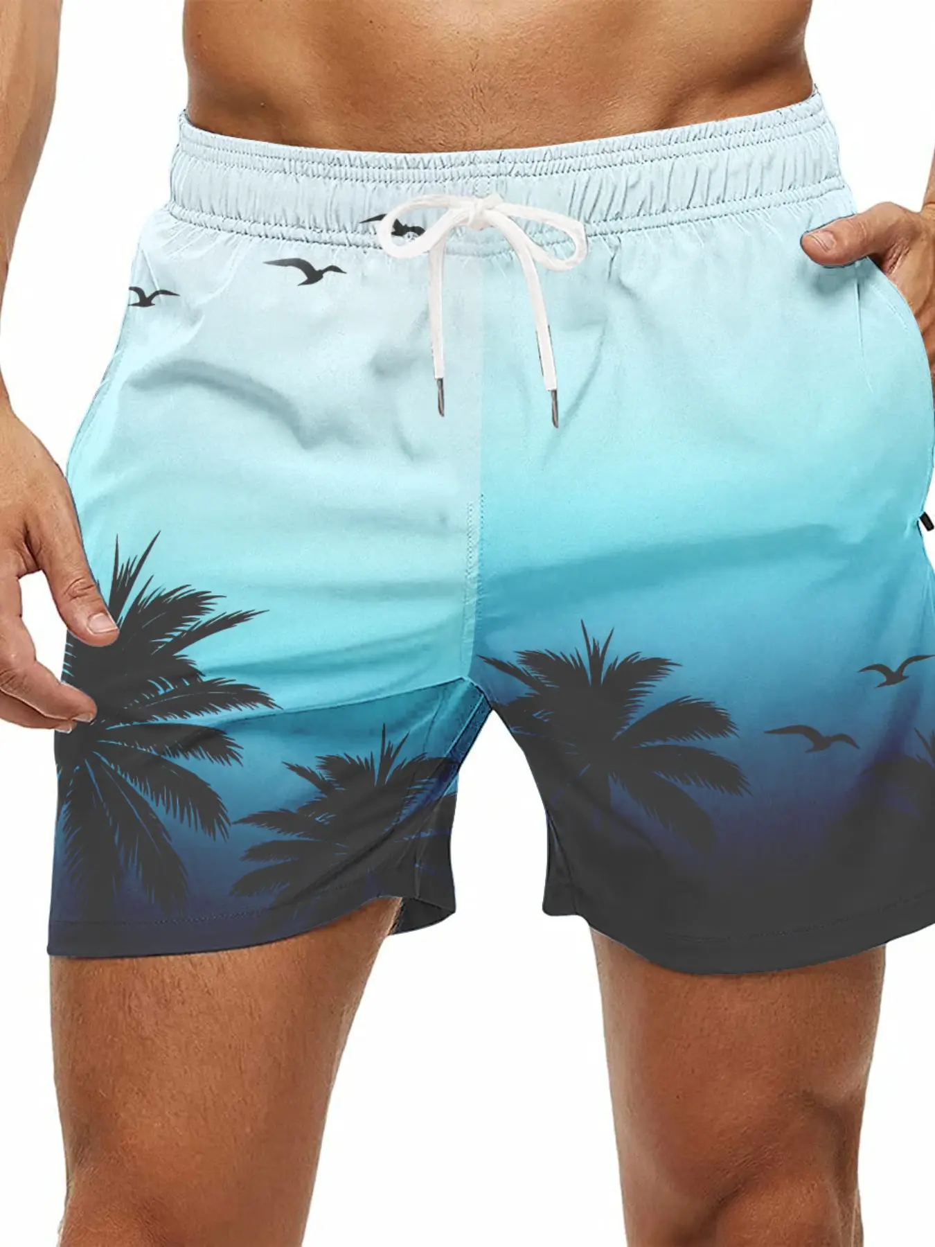 Men's Coconut Tree Pattern Waistband Beach Shorts, Gradient Print Casual Sports Pants, Men's Swim Trunks, Swimwear Shorts, Fitted Short Length, Beach Pool Wear