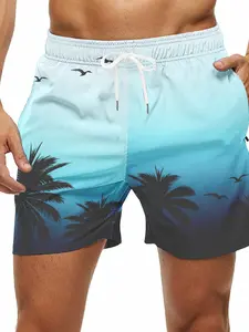 Men's Coconut Tree Pattern Waistband Beach Shorts, Gradient Print Casual Sports Pants, Men's Swim Trunks, Fitted Short Length, Beach Pool Wear