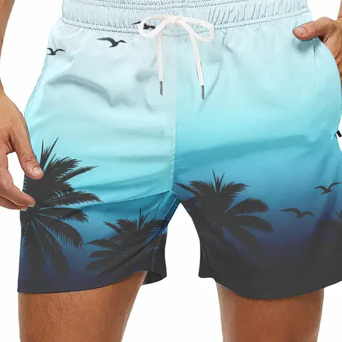 Men's Coconut Tree Pattern Waistband Beach Shorts, Gradient Print Casual Sports Pants, Men's Swim Trunks, Swimwear Shorts, Fitted Short Length, Beach Pool Wear, Swimming Shorts