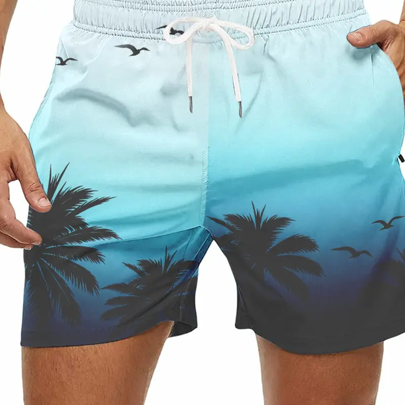 Men's Coconut Tree Pattern Waistband Beach Shorts, Gradient Print Casual Sports Pants, Men's Swim Trunks, Swimwear Shorts, Fitted Short Length, Beach Pool Wear, Swimming Shorts