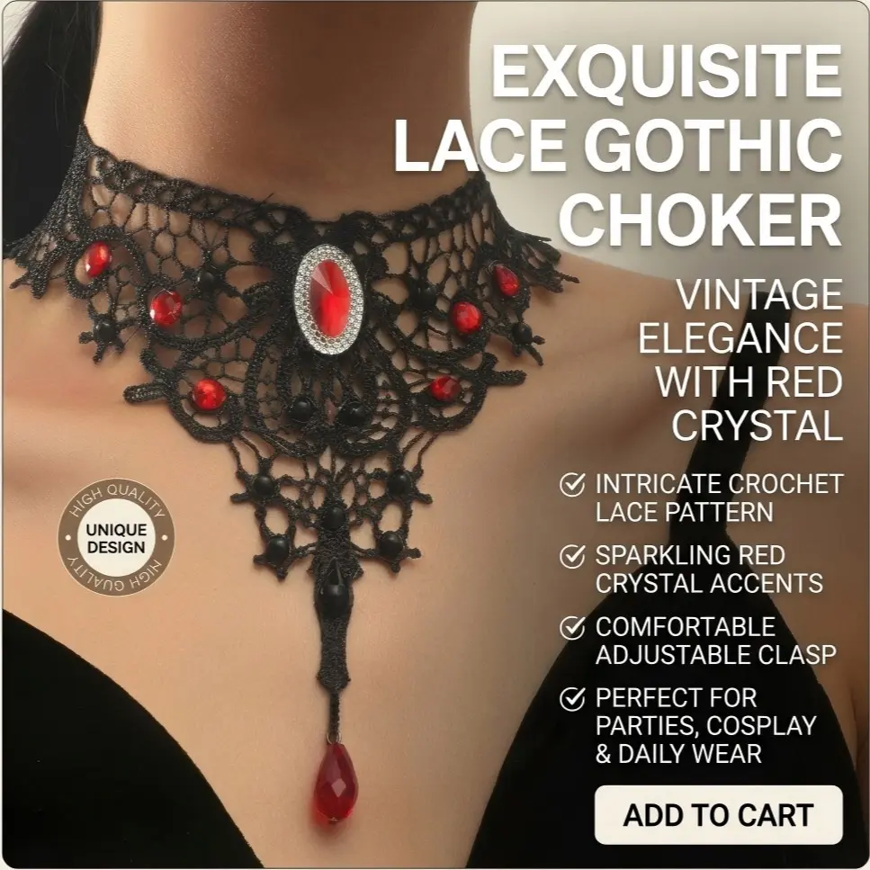Women's Lace Choker Necklace, Gothic Crystal Tassel Pendant, Vintage Vampire Jewelry, Halloween Costume Accessory