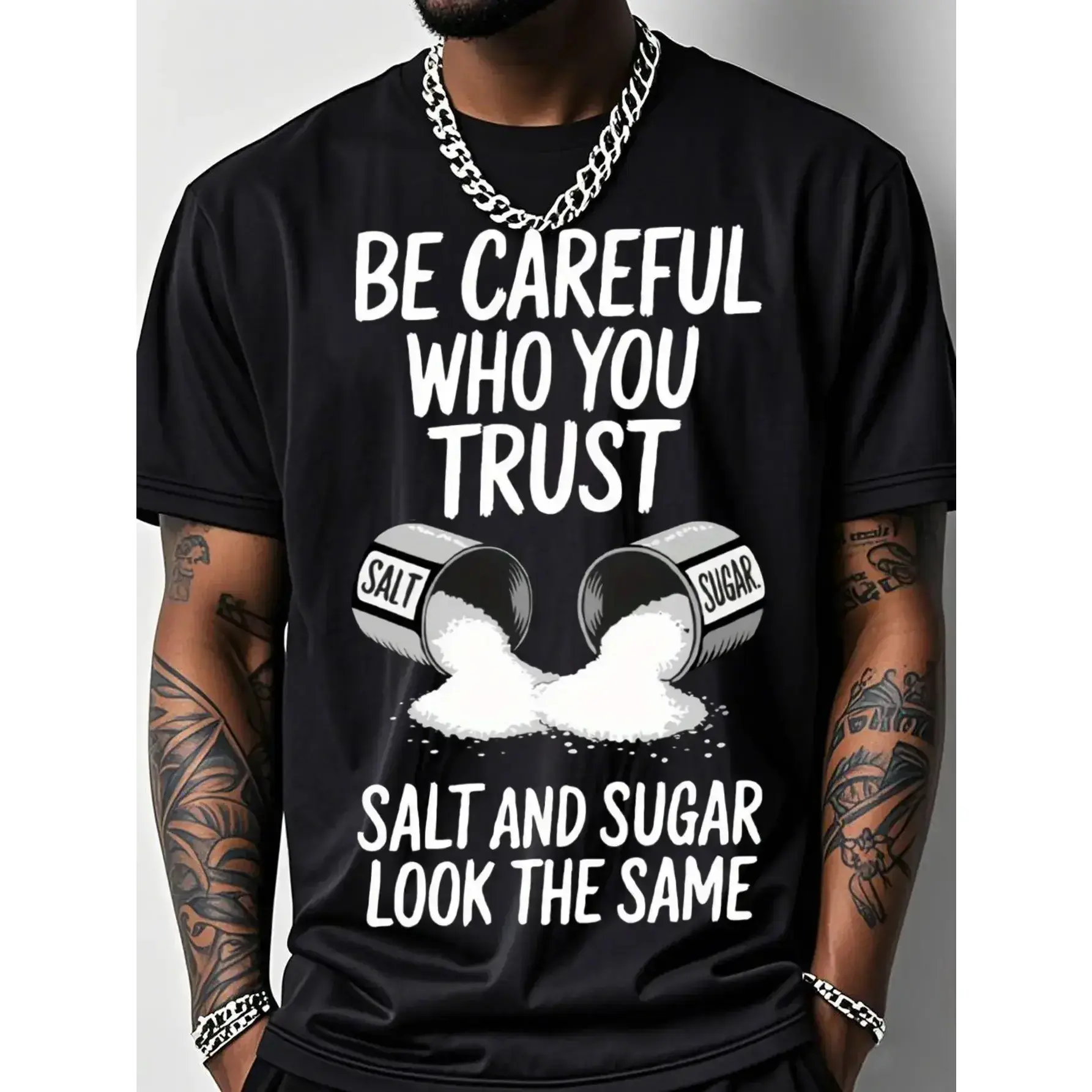 Men's Graphic Tees, Mens Clothing - Outdoor Fitness Short-Sleeve Crew Neck Top, 200g Cotton Breathable Stretch Fabric with Salt Pattern Print, "Beware of Spoken Words from People You Trust" Design