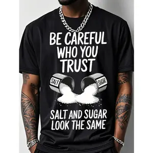 Men's Graphic Tees, Mens Clothing - Outdoor Fitness Short-Sleeve Crew Neck Top, 200g Cotton Breathable Stretch Fabric with Salt Pattern Print, "Beware of Spoken Words from People You Trust" Design