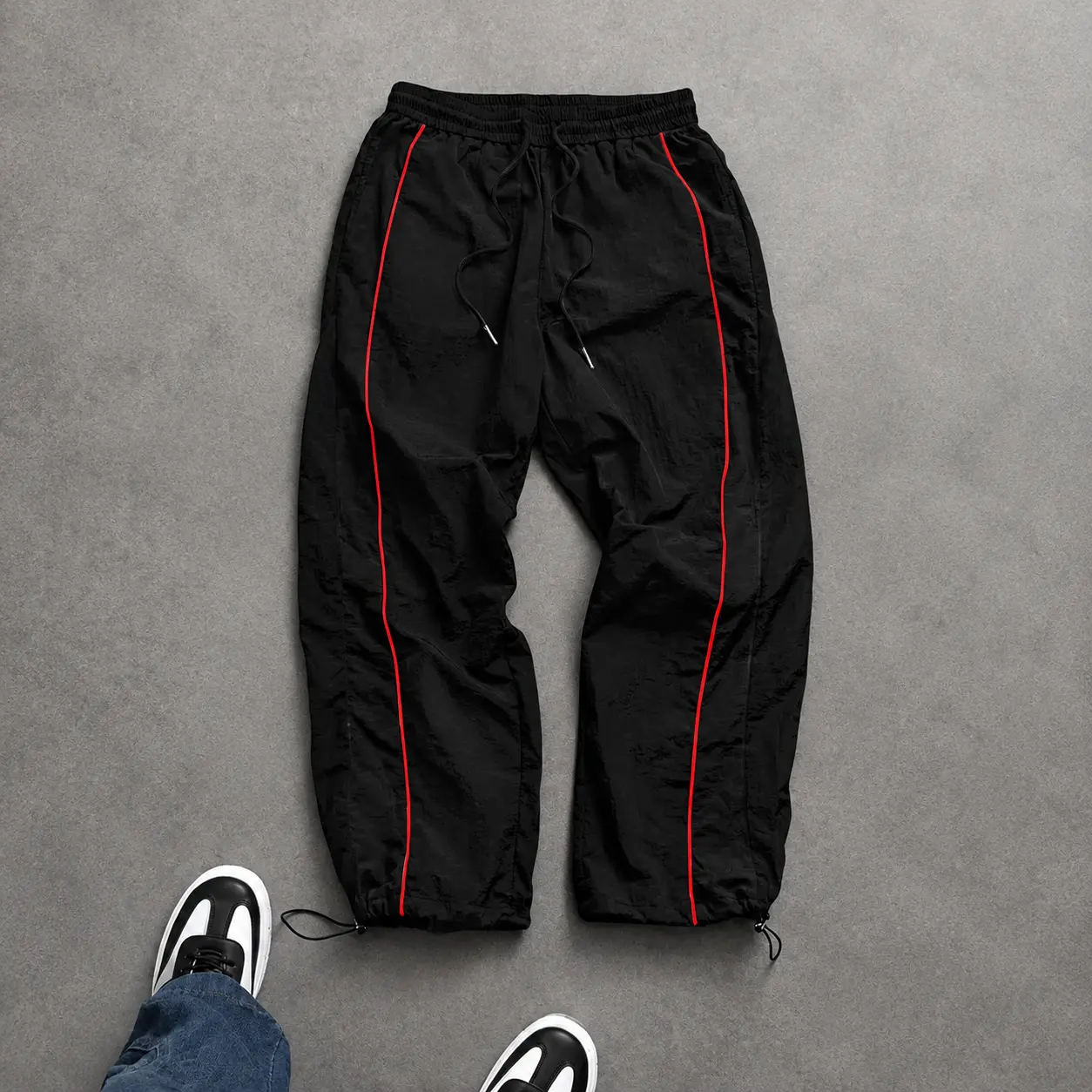 Men's Casual Loose Fit Track Pants Side Line Piping Parachute Sweatpants Drawstring Hem Streetwear Everyday Male Fashion Clothing Bottoms cozy soft cool clean chic active sporty casual premium classic stylish durable trendy relaxed vibe hype dope