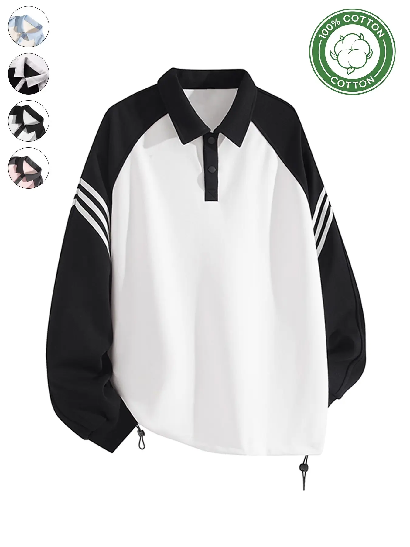 100% Cotton Color Block Raglan Polo Sweatshirt for Men, Contrast Collar Long Sleeve Top with Adjustable Drawstring Hem, Multiple Colors Available, Versatile One Garment Multiple Styling for Campus, Gym, Commute, City Outdoor, Casual Street, Sports & Daily