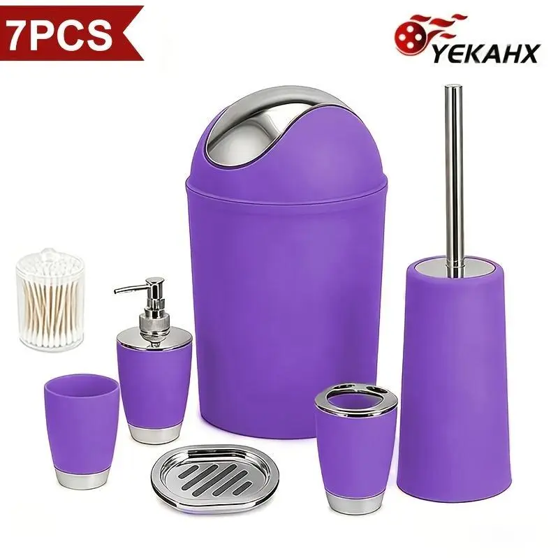 7pcs Luxury Bathroom Accessory Set - Premium, Modern, Compact, Decorative Space-Saver Kit with Trash Can, Toilet Brush, Lotion Dispenser, Soap Dish, Mouthwash Cup, Toothbrush Holder - Easy To Clean, Ideal For Bathroom Decor, Housewarming Gifts