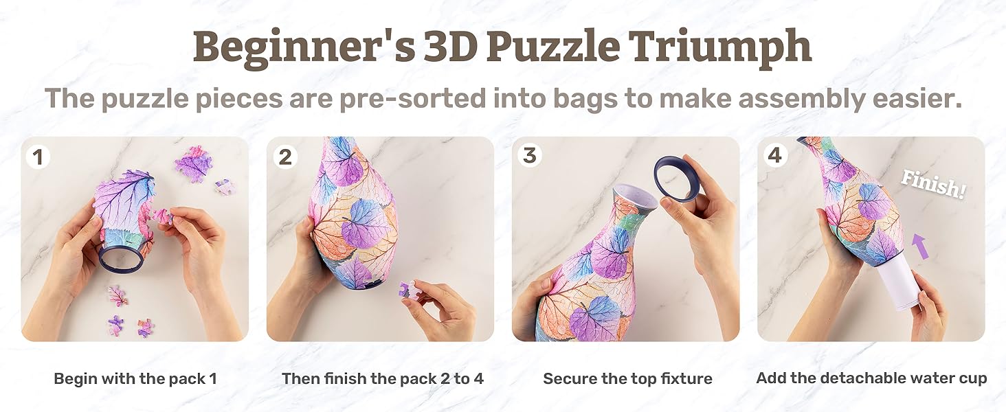 3D Puzzle Vase Unique Flower Vase Made by 160 Curved Plastic Puzzle Pieces House Warming Gift for Flower Arrangements and Home Decoration - [S1034] (Classic, Colorful Leaves)