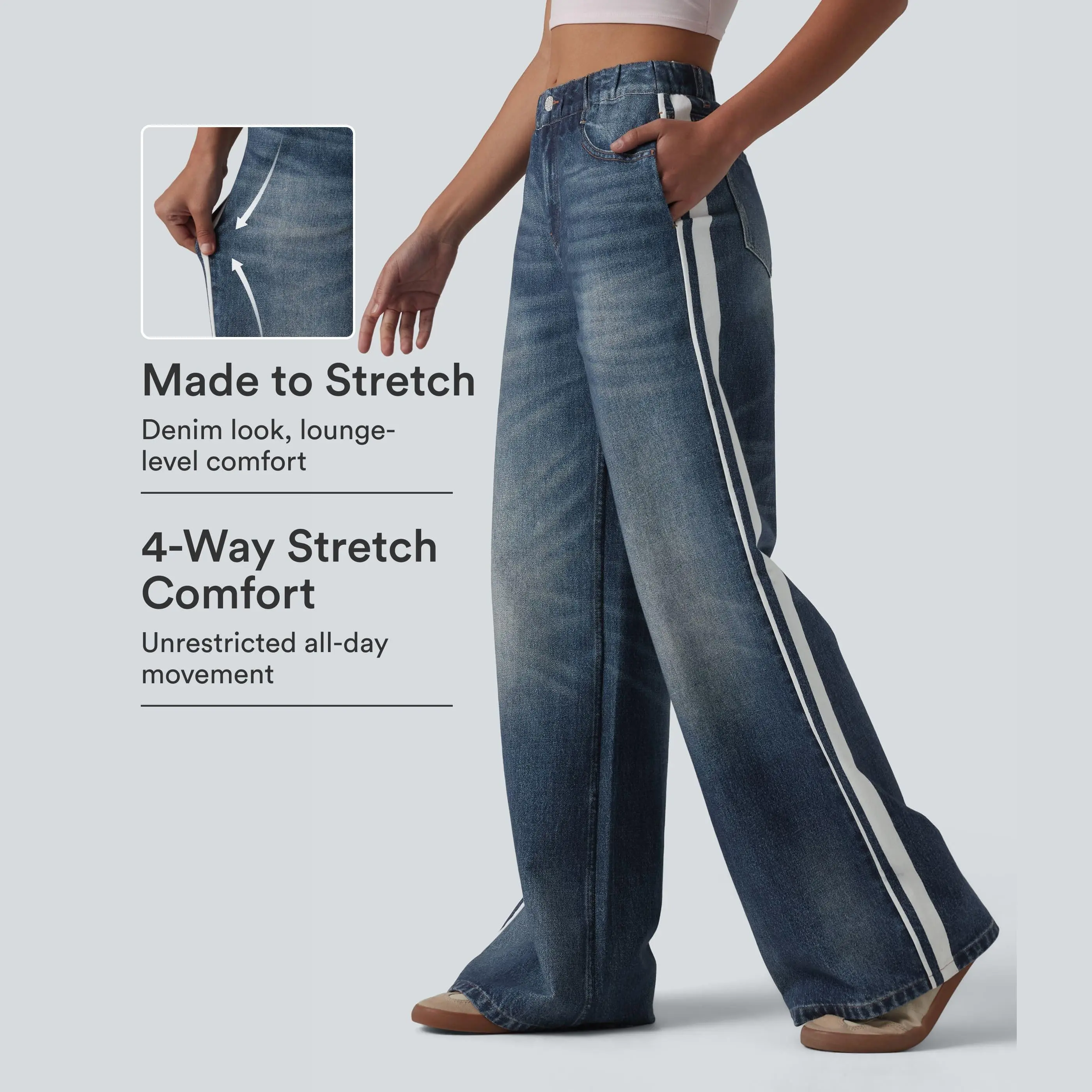 Halara Mid Rise Denim Print French Terry Stripe Casual Sweatpants Jeans with Pockets