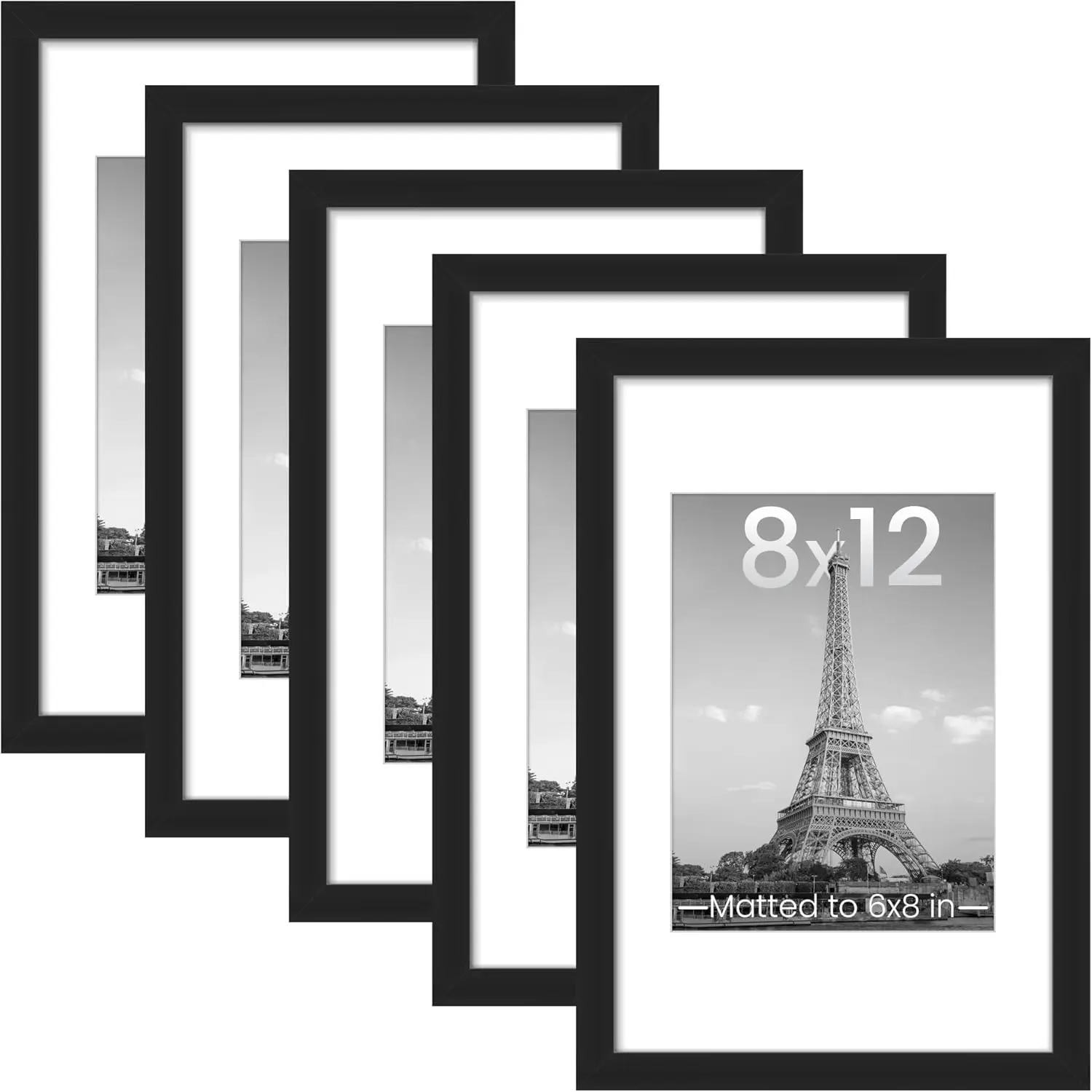 8x12 Picture Frame Set of 5, Display Pictures 6x8 with Mat or 8 x 12 Without, Wall Gallery Photo Frames, Black