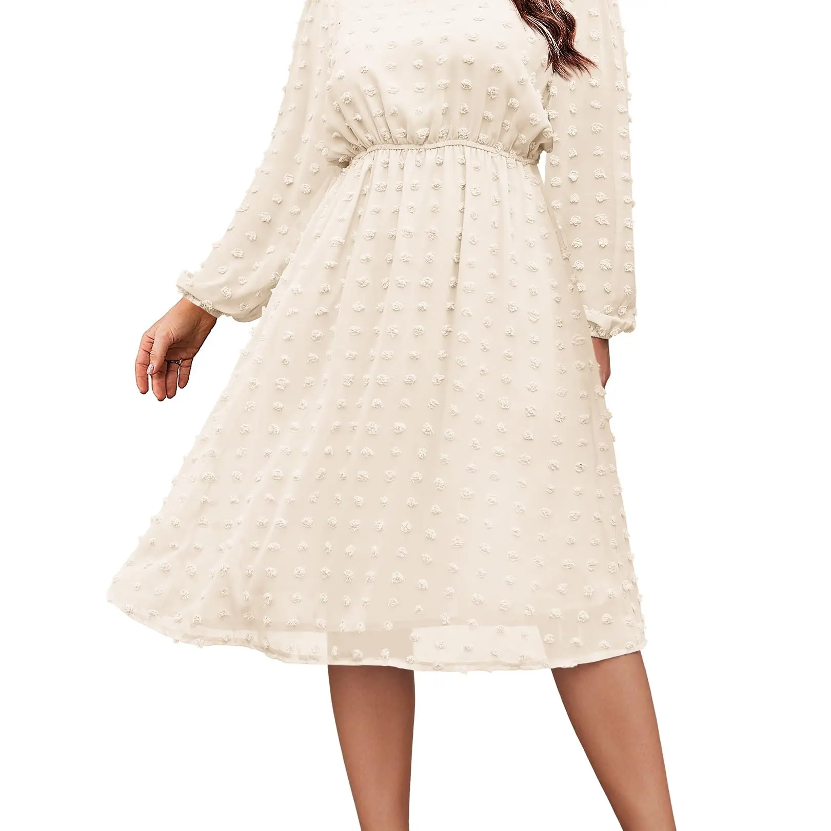 Women's Plus Size Swiss Dot Long Sleeve Chiffon Dress Flowy High Waist A Line Ruffle Babydoll Midi Dresses 16W-24W