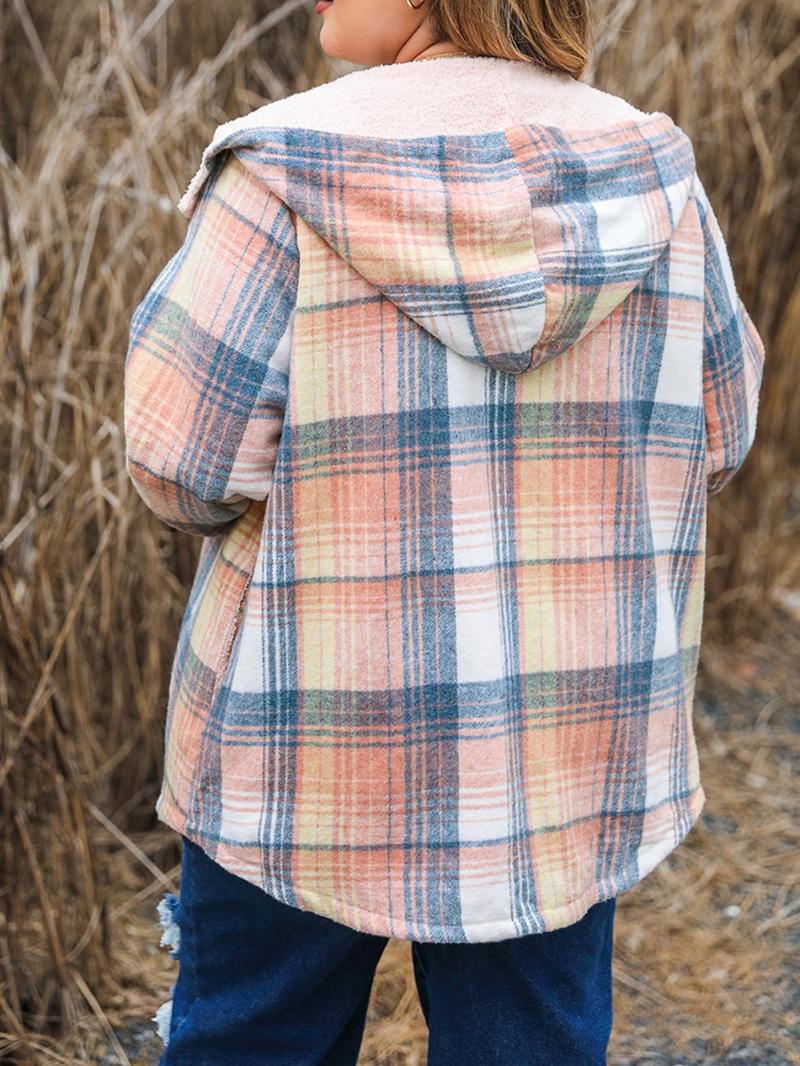 【Palette Exclusive】 Plus Size Plaid Print Button Front Drop Shoulder Fuzzy Hooded Coat, Casual Long Sleeve Pocket Outerwear for Fall & Winter, Women's Clothes for Daily Wear