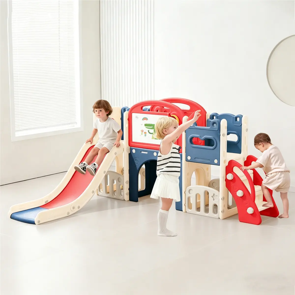 Unisex Foldable Plastic 11-in-1 Toddler Playset - Telescope, Slide, Climber, Basketball Hoop, Crawl Tunnel - Indoor/Outdoor Playground Equipment for 1-3 Years Old Kids (Red)