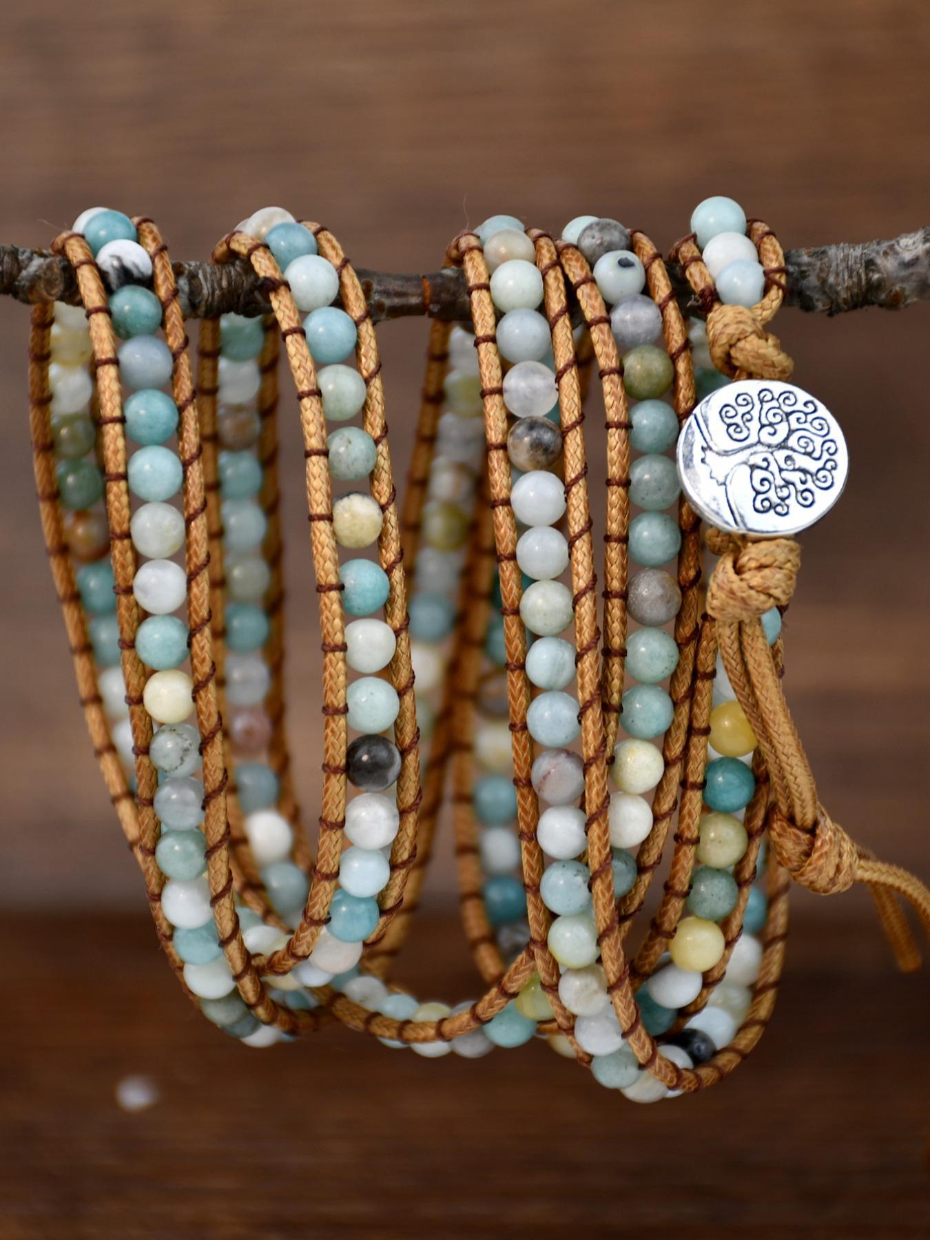 Boho Style Natural Amazonite Beaded Bracelet, Tree Of Life Charm Braided Bracelet for Women & Men, Fashion Jewelry Accessories for Daily Wear, Gift Ideas for Women