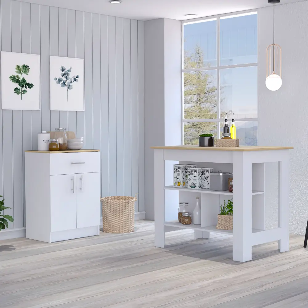 Nokaa 2-Piece Kitchen Set with Island and Pantry Cabinet, White/Light Oak Finish, Particle Board, Combo Unit for Dining Room and Kitchen Organization, 40.5W x 27.5D x 35.4H in