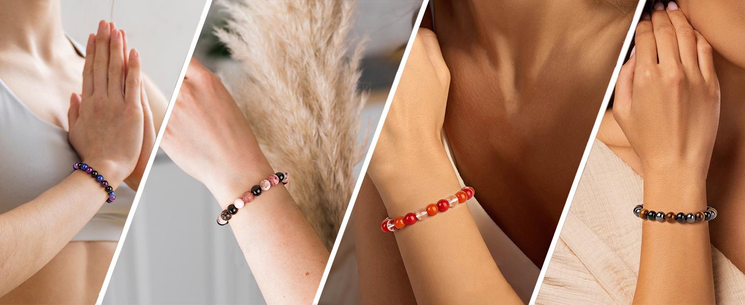 Healing Crystal Triple Protection Bracelet 8mm Crystal Beaded Bracelet for Women Men Natural Stones of Tiger Eye, Hematite, Black Obsidian Handmade Gemston