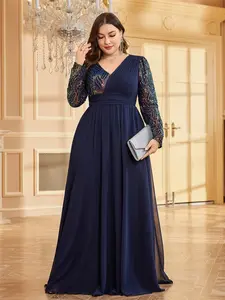 Colorful Long Sleeve Chiffon Dress, V Neck Pleated High Waist Train a Line Evening Gown, Luxury Dance Party Hostess Carpet Long Dress