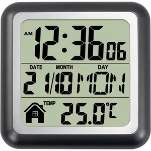 Waterproof Digital Bathroom Shower Kitchen Wall Clock with Temperature Timer, Suction Cup Hanging Hole Stand, Black