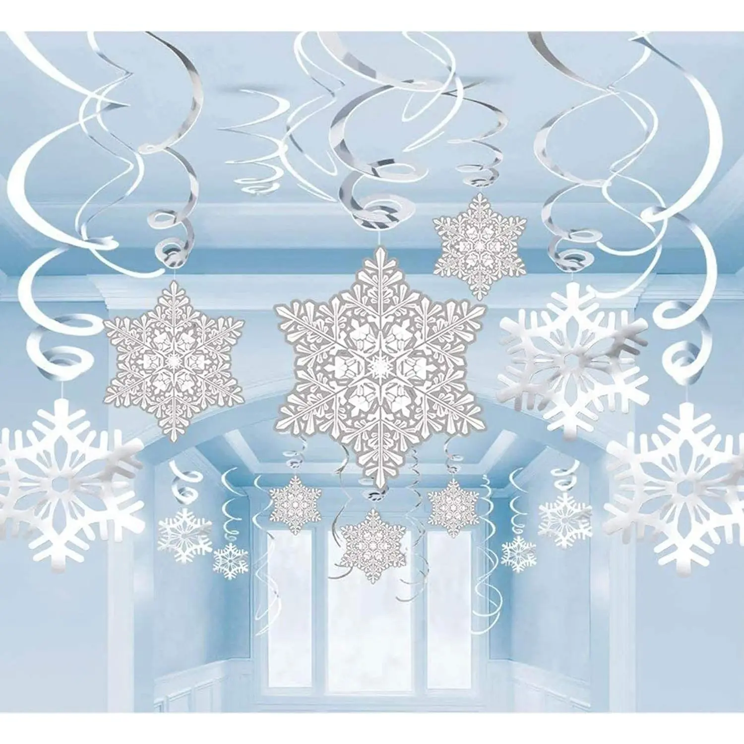 42Ct Plastic Christmas Snowflake Swirl Decorations with Hook - Lightweight, Magical Winter Party Ornaments for Ceiling, Tree, Holiday Wonderland