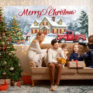 Large Christmas Garage Door Cover 7x16 ft Festive Holiday Banner Red Truck Snowman Outdoor Merry Christmas Backdrop Decoration for Home Party
