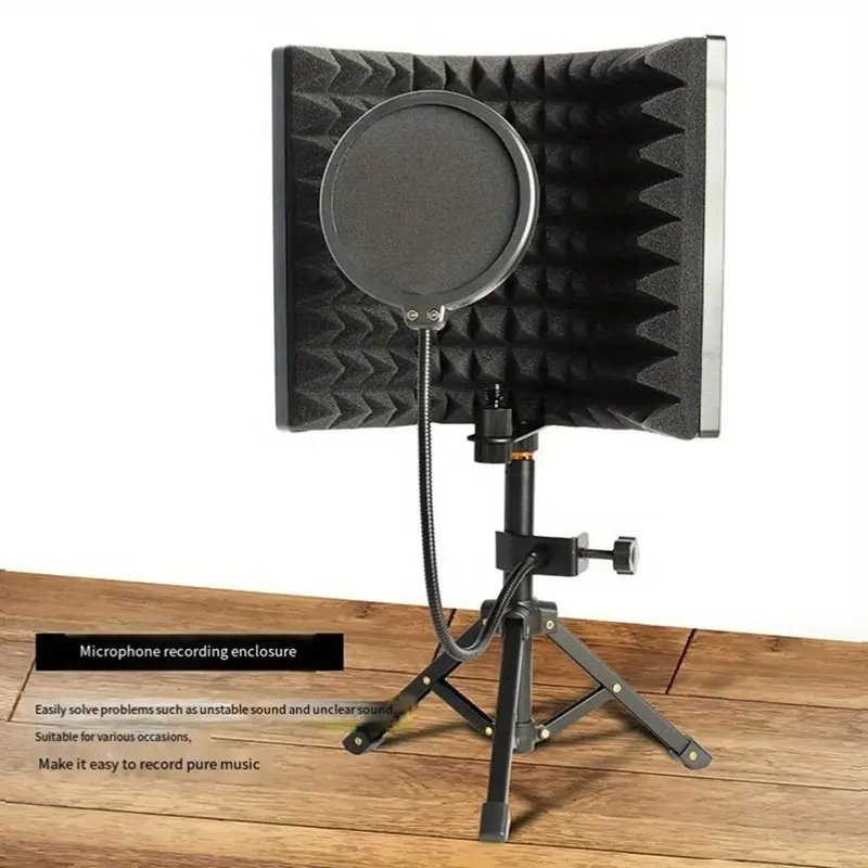 Music recording equipment, Professional studio microphone windscreen with metal bracket and tripod - noise reduction foam cover, suitable for podcasting, singing, recording - ABS sound insulation net, multi-layer design, voice control net