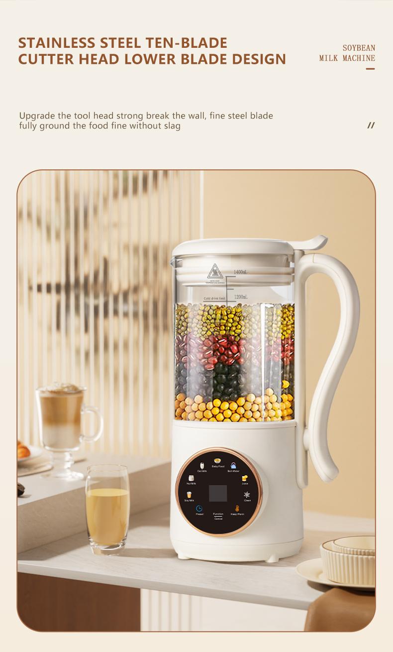 A breakfast essential for early risers! Stainless steel blades — 47.34 oz nut, milk, soy, and oat grinder; built-in heating baby food warmer; delayed start safety features; multifunctional blender for juice and almonds, no batteries required.