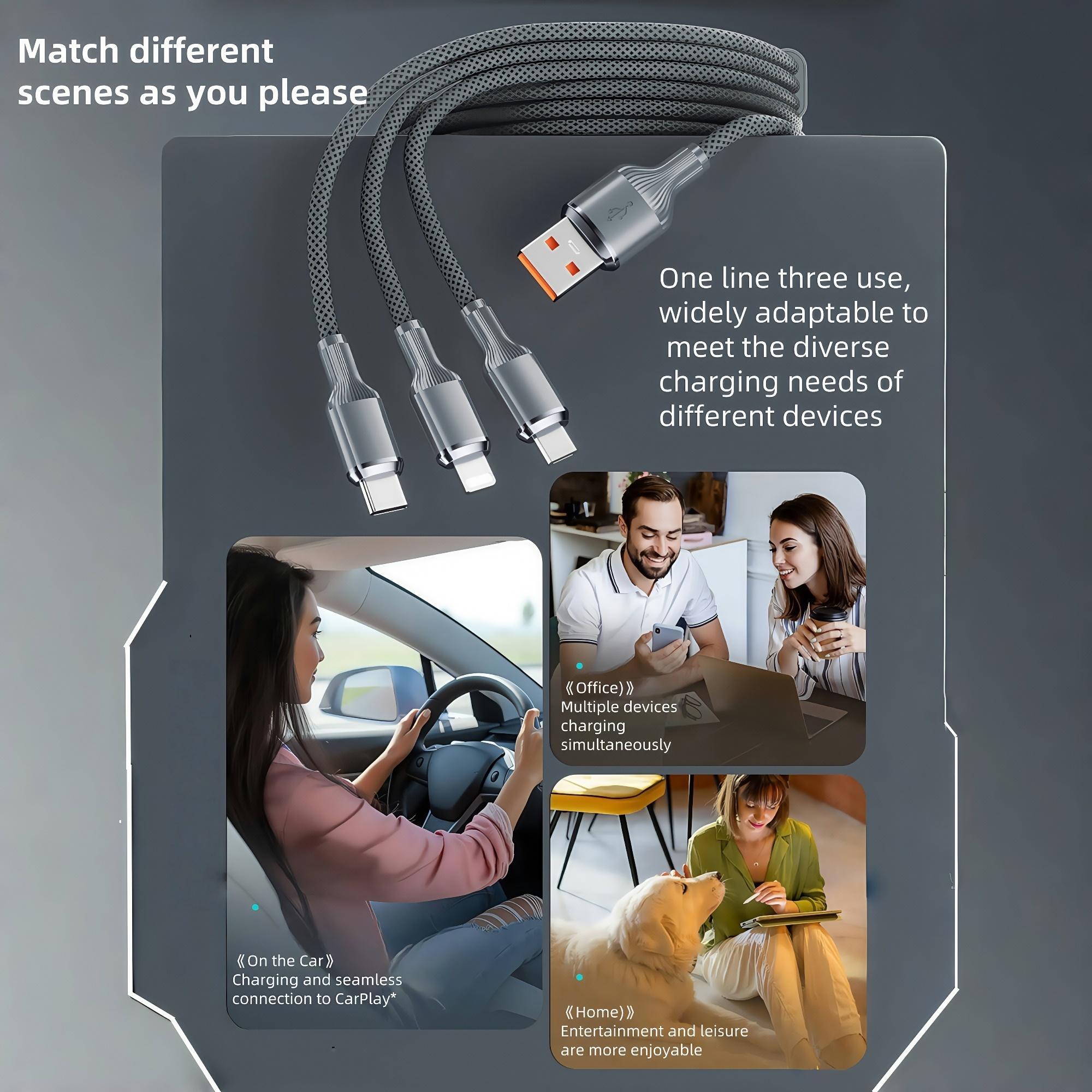 100W Multi-purpose Fast Charging Data Cable, Multifunctional 3 in 1 Fast Charging Cable, Phone Accessories for Huawei, Apple, Android, Electronic, Fast Charging Supported