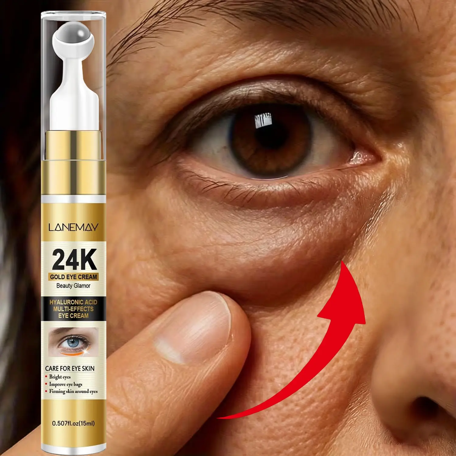 24k Golden Eye Cream with Hyaluronic Acid, Multi-Effect Eye Care, Balm Consistency, Reduces Puffiness, Tightens and Lifts, Nourishes Skin, Smooths Fine Lines, Firming Eye Cream, Eye Bags Cream, Eye Care Product