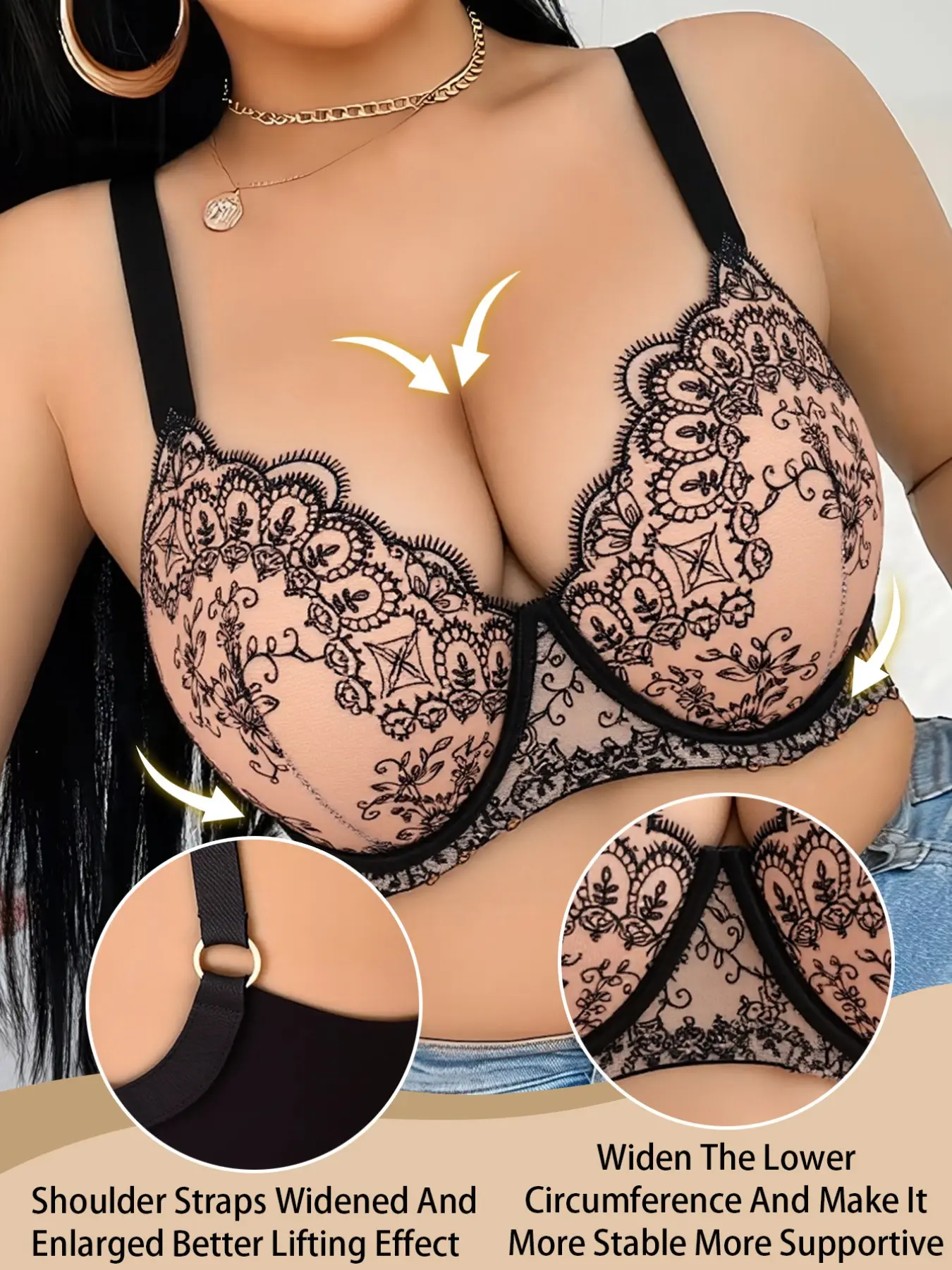 Plus Size Full Coverage Bra with Underwire, Elegant Embroidered Ethnic Lingerie, Breathable Comfort, Perfect for Dates and Parties