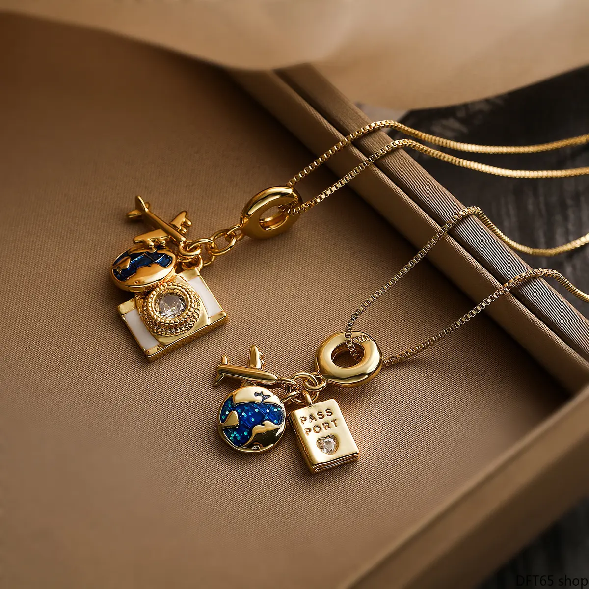 Camera Passport Shaped Zircon Pendant Necklace 18K Gold Plated Smooth Copper Frame Tiny Sparkling Crystal Inlay Slim Adjustable Short Chain For Women Daily Travel Minimalist Unique Decorative Neck Accessory