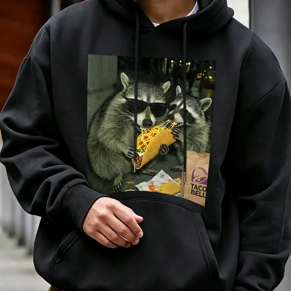 Funny Raccoon Eating Tacos Hoodie | Cool Food Meme Graphic Pullover Sweatshirt, Late Night Craving Streetwear Unisex Gift