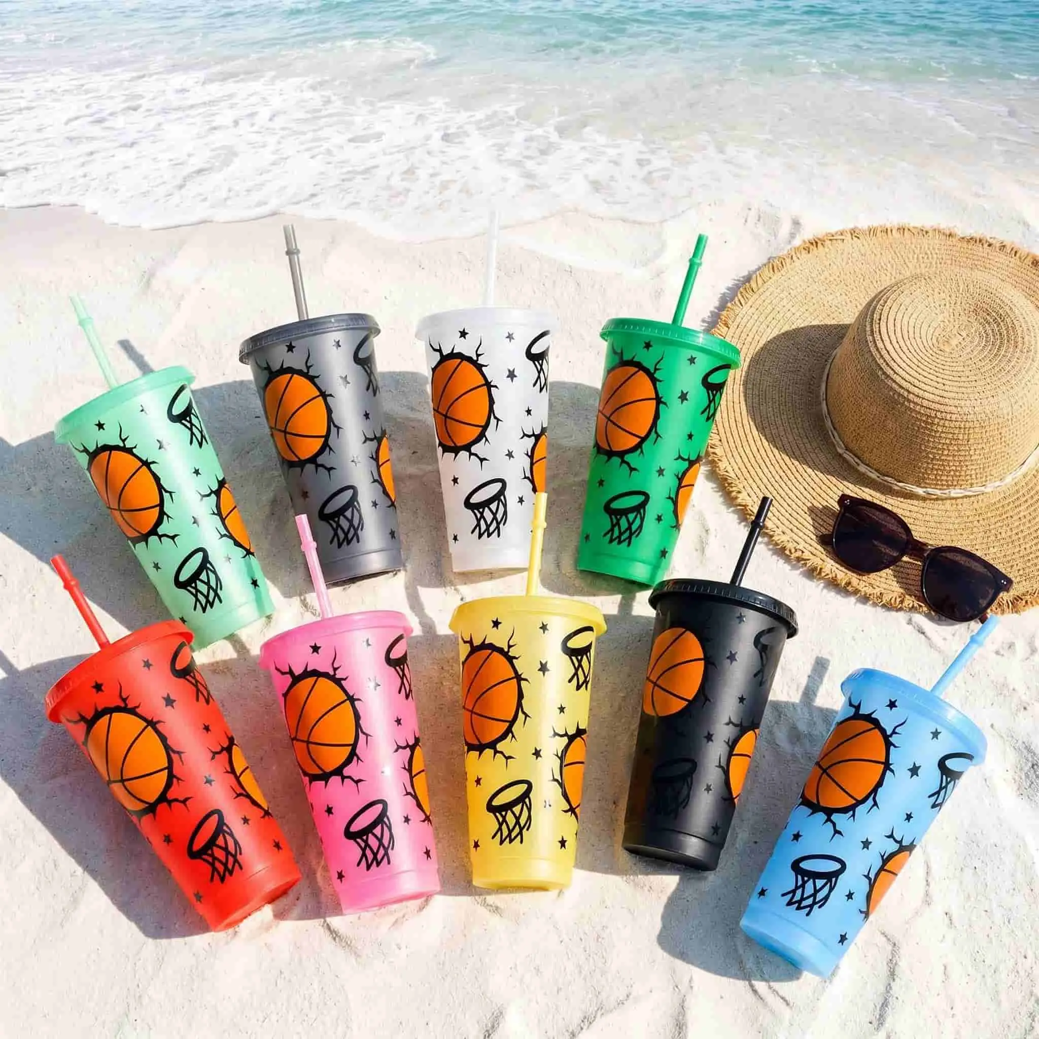 10pcs/24oz/710ml/Plastic Tumblers With Lid And Straw,Iced Coffee Cup,Festival Party Supplies,Dynamic Basketball Breaking Wall Pattern Vase Featuring Hoops And Stars, Unique Festive Home Decor Gift