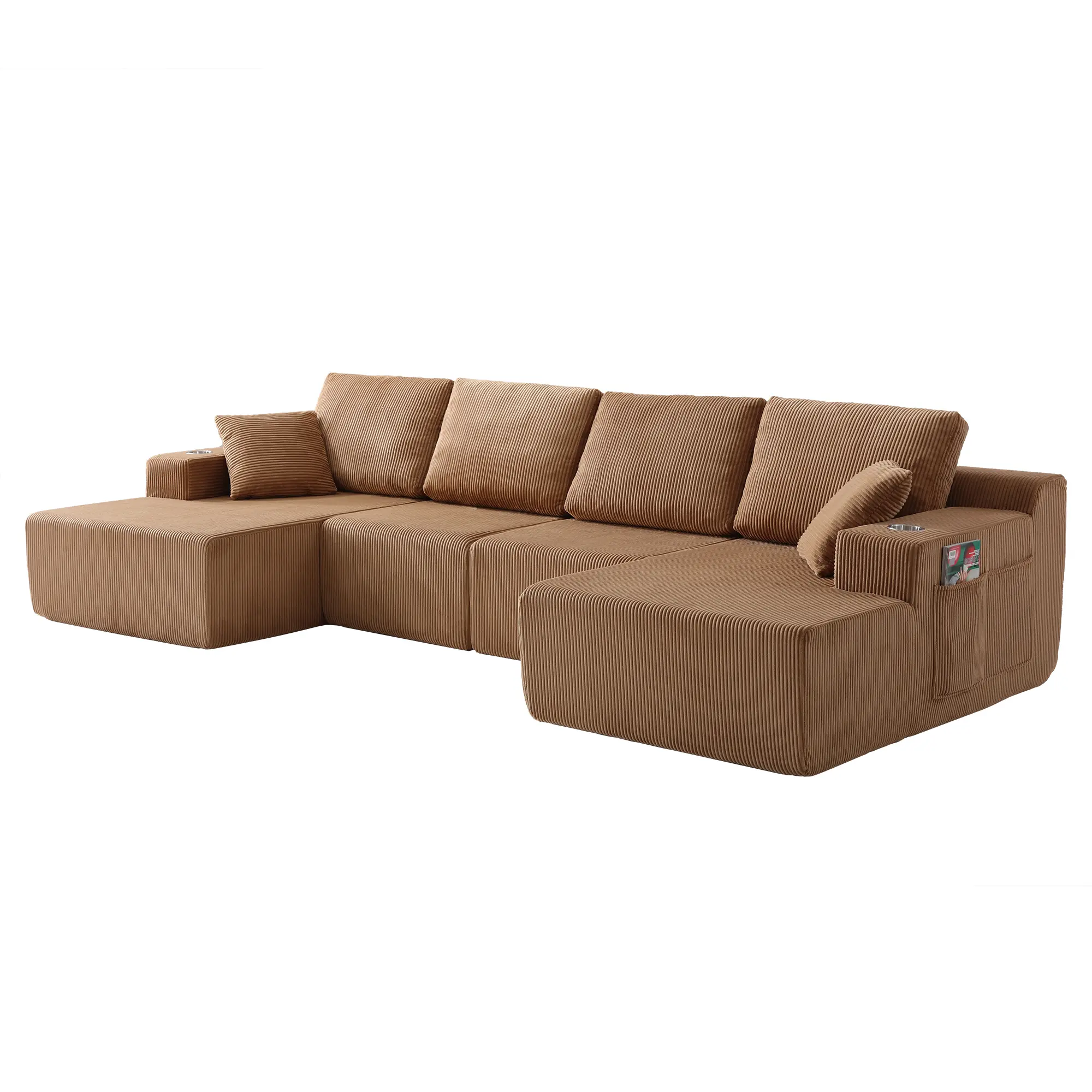 Nokaa 130" U-Shaped Modular Sectional Sofa with Chaise, Extra-Wide Wale Corduroy Fabric, 6-Seat L-Shaped Couch with Innerspring Cushions, Heavy-Duty 1800 lbs Capacity, Brown Living Room Furniture Set, Fabric Material
