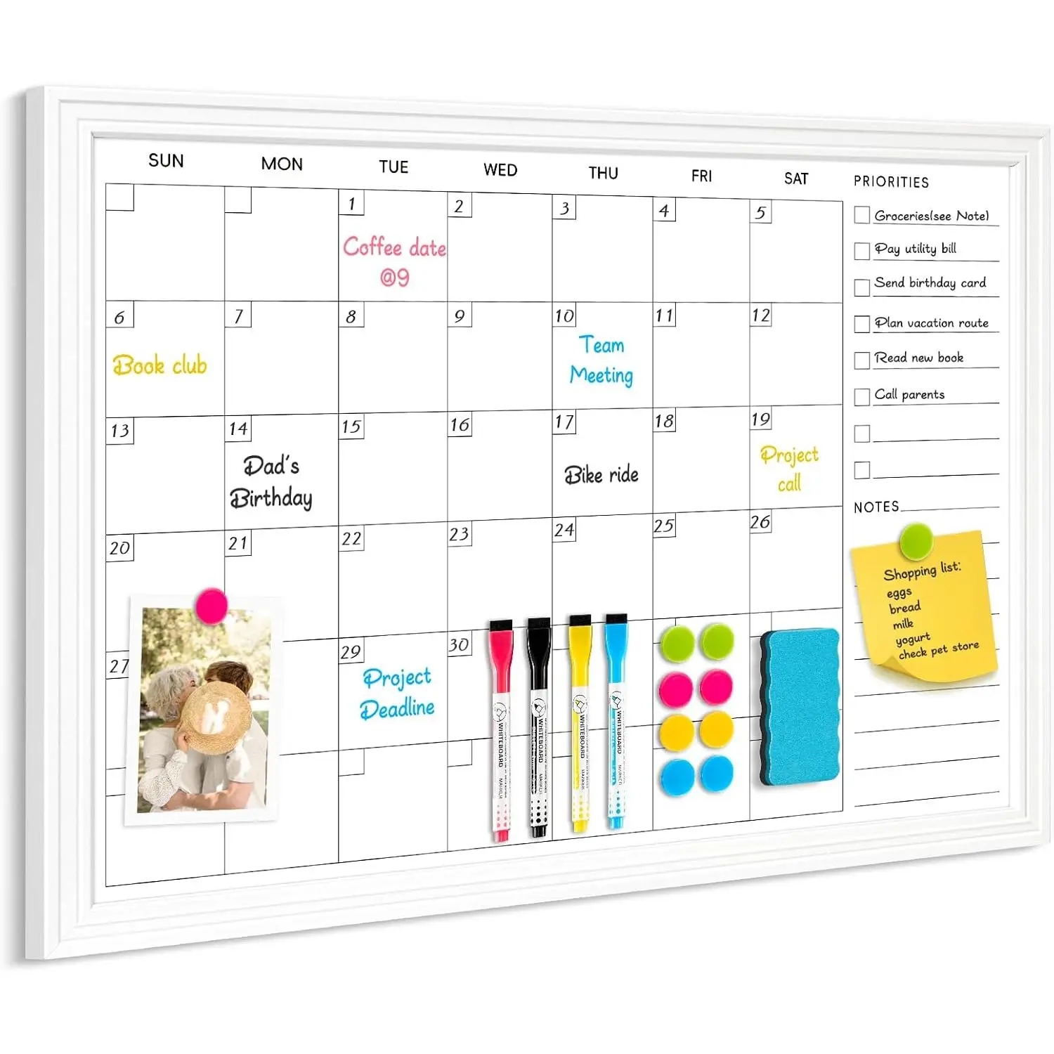 WhiteBoard Calendar, 24x18 in, Monthly Dry Erase Board | Monthly Dry Erase Planner for Wall with White  Style Frame for Office, School, Dorm,  Decor