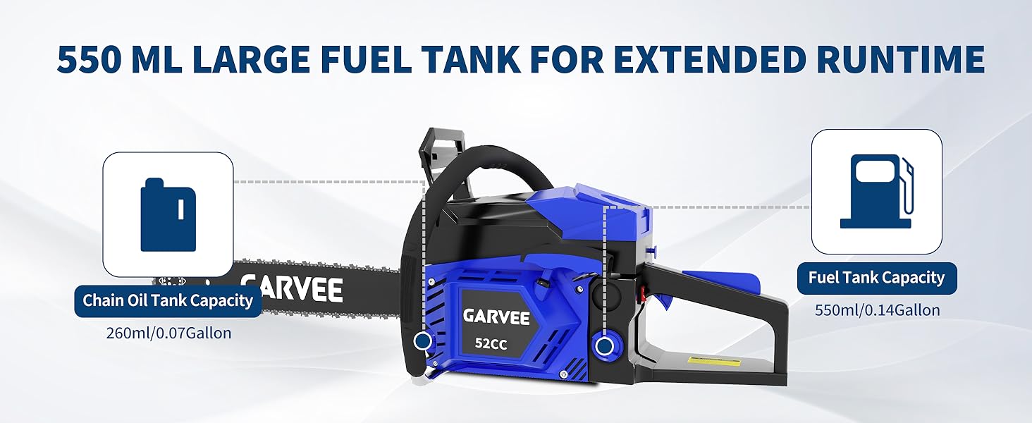 Gas Chainsaw, 20 Inch Gas Powered Chain saw, 52CC 2-Stroke Top Handle Chainsaw, Ergonomic Non-Slip Handle and Dual Fuel Tanks, Quick Start, For Wood Cutting, Tree Trimming, and Land Clearing