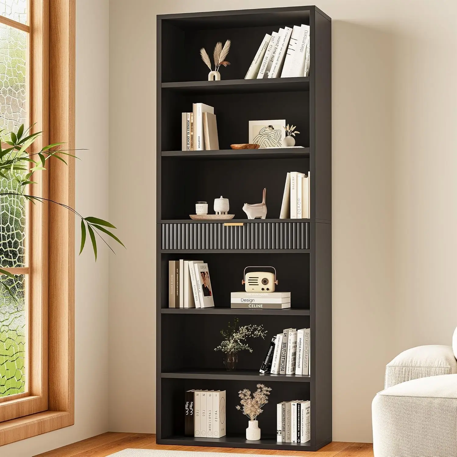 7-Tier Bookshelf with Storage, 72" Tall Bookcase with Drawer, Display Book Shelf Book Organizer with Anti-tip Device, Home Decor Wood Furniture for Office, Bedroom, Living Room, Black